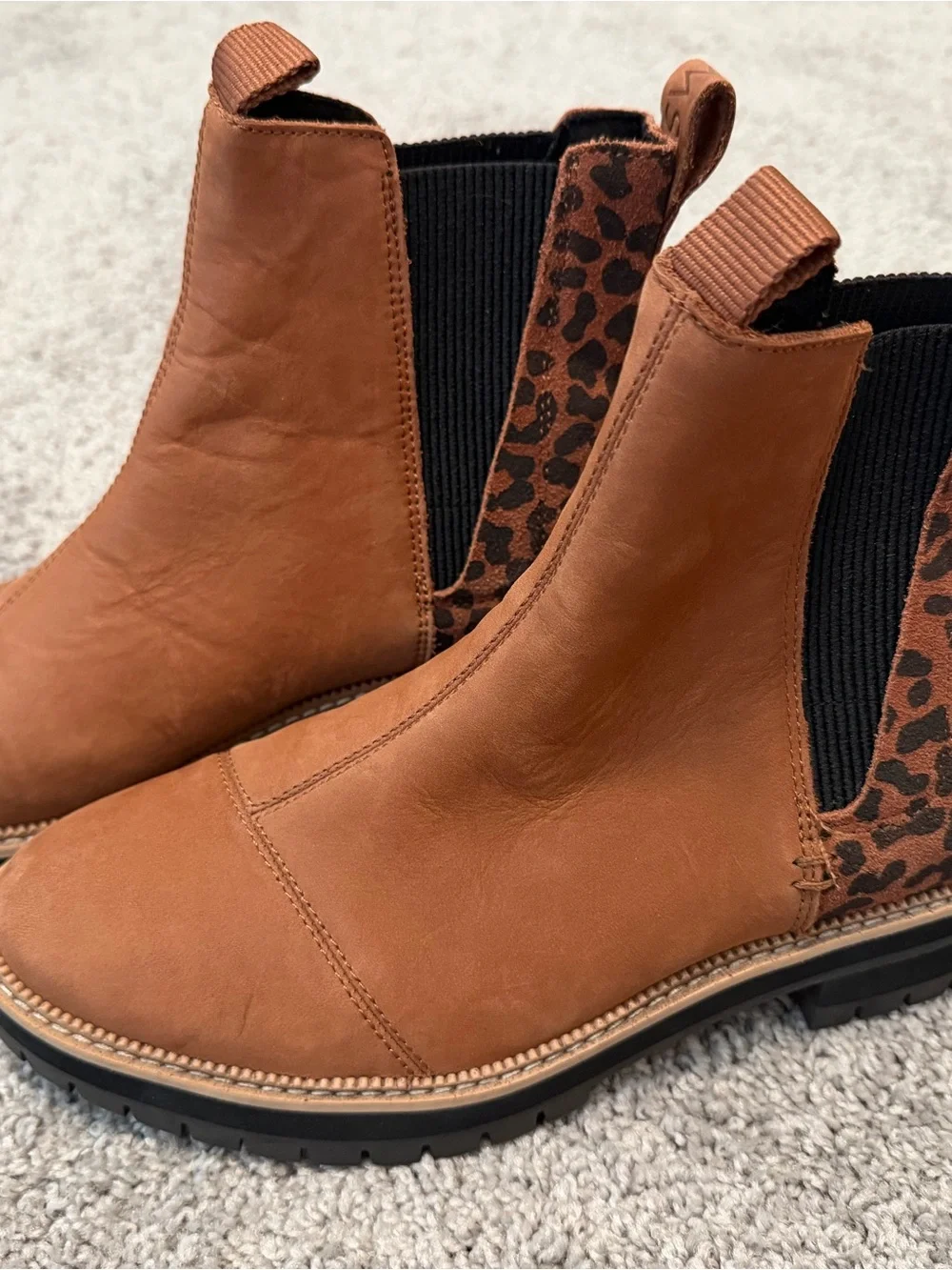 Toms Chestnut Leather Chelsea Boots with Leopard Stretch Panels